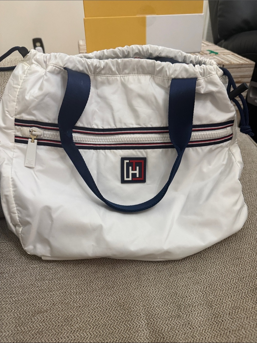 Tommy Hilfiger White Tote with Navy Handles and Red-Trim Accent